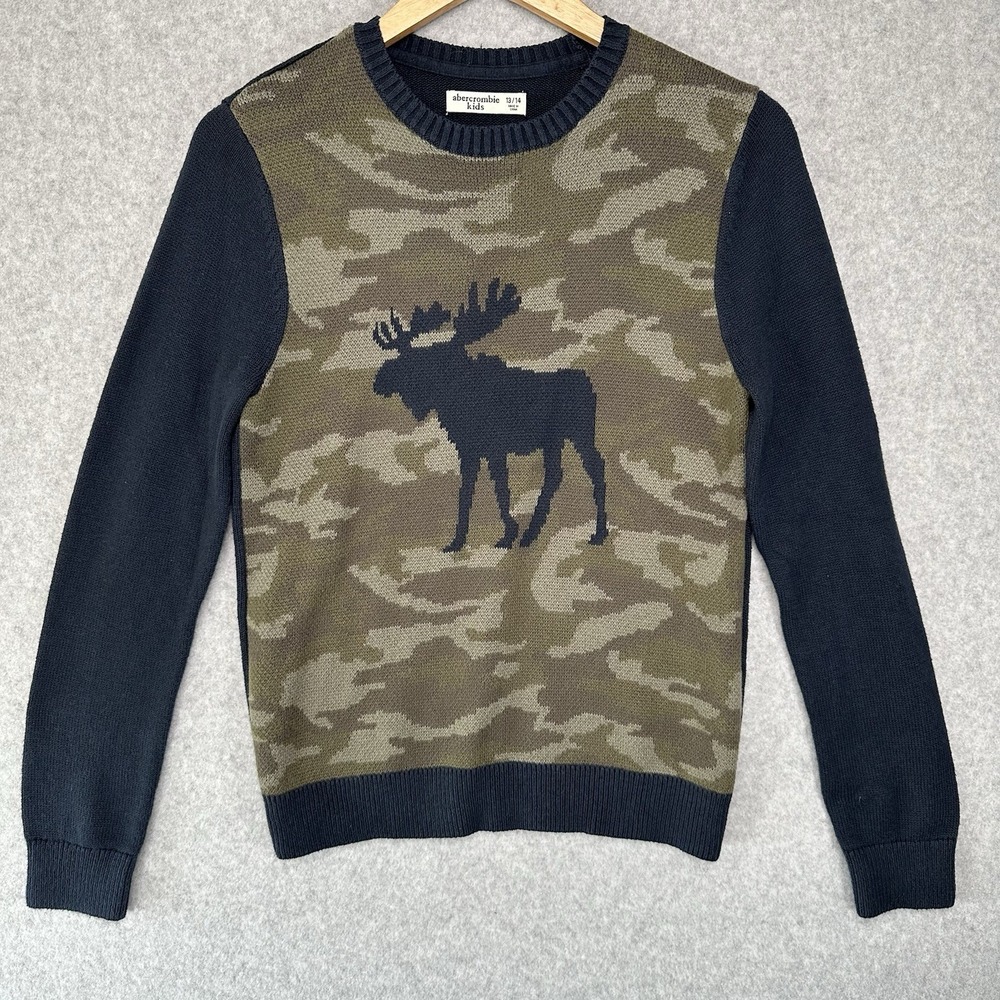 Abercrombie Kids Camo Moose Intarsia Knit Crewneck Sweater Navy Green Size 13/14